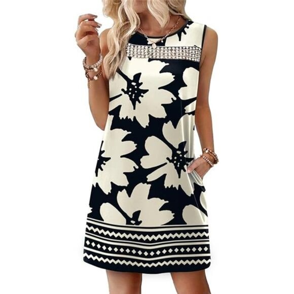 Women’s Black & White Lace Tank Dress Sleeveless Loose Fit Dress with Pockets - Picture 6 of 6